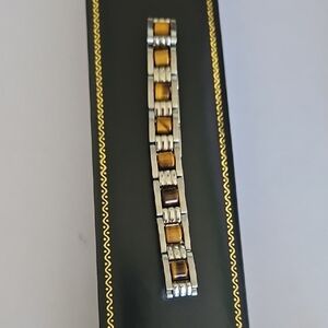 Men's Steel and Brown Tiger Eye Bracelet